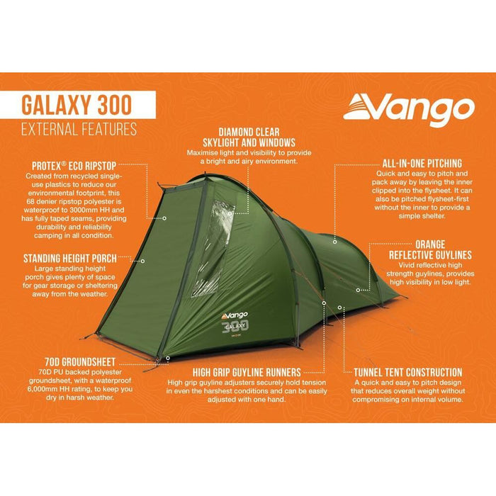 Vango Galaxy 300 Forest Green 3 Person Tent Vango - UK Camping And Leisure