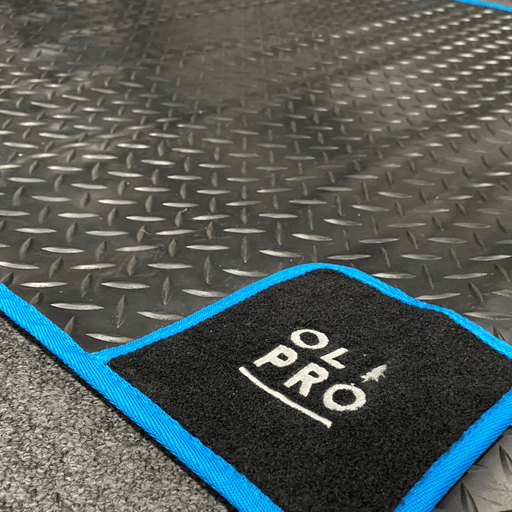 Olpro Awning Tunnel Mat 1500mm x 800mm Black Rubber checker board with Blue Edge Trim Olpro - UK Camping And Leisure