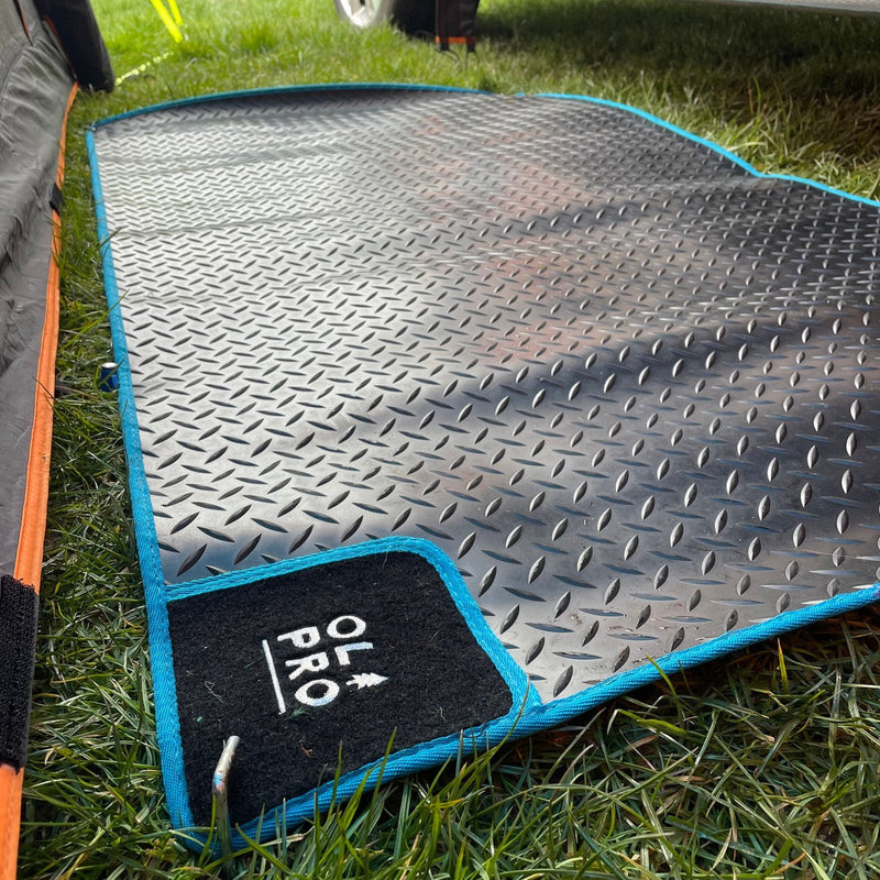 Olpro Awning Tunnel Mat 1500mm x 800mm Black Rubber checker board with Blue Edge Trim Olpro - UK Camping And Leisure