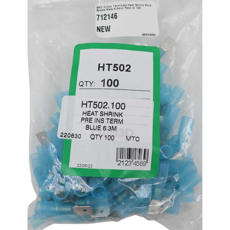 AMC Blue Heat Shrink Male Spade Terminal (6.3mm x 0.8mm / 100 Pack) AMC - UK Camping And Leisure