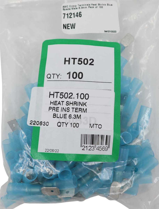 AMC Blue Heat Shrink Male Spade Terminal (6.3mm x 0.8mm / 100 Pack) AMC - UK Camping And Leisure