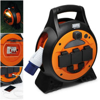 MAYPOLE 3 Way 15Mtr Mobile Mains Roller Power Unit with Twin USB & Light 3767