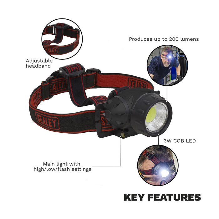 Sealey Head Torch 3W COB LED HT101 Sealey - UK Camping And Leisure