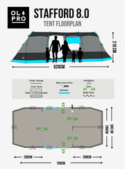 Olpro The Stafford Poled Tent 8 Berth Poled Family Tent | blackout, sewn-in groundsheet, 5000mm, shelter