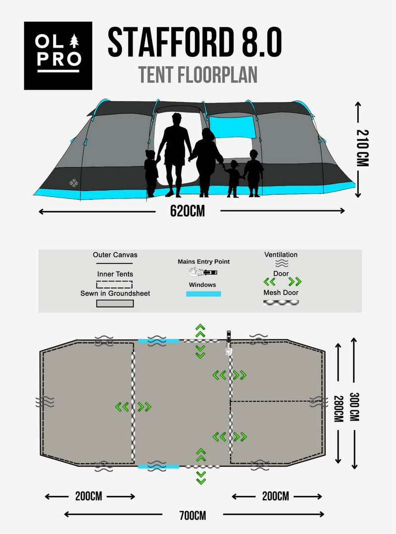 Olpro The Stafford Poled Tent 8 Berth Poled Family Tent | blackout, sewn-in groundsheet, 5000mm, shelter