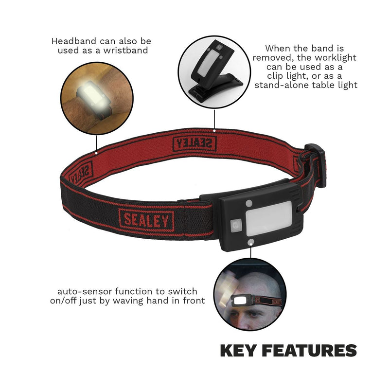 2W COB LED Rechargeable Head Torch Auto Sensor Cycling Front Rear Light Black Sealey - UK Camping And Leisure