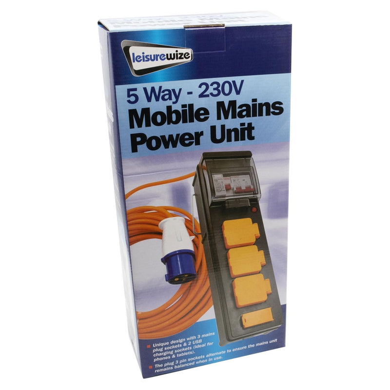 Caravan Camping 5 Way Mobile Mains USB Power Hookup Extension Lead RCD Unit C429 Leisurewize - UK Camping And Leisure