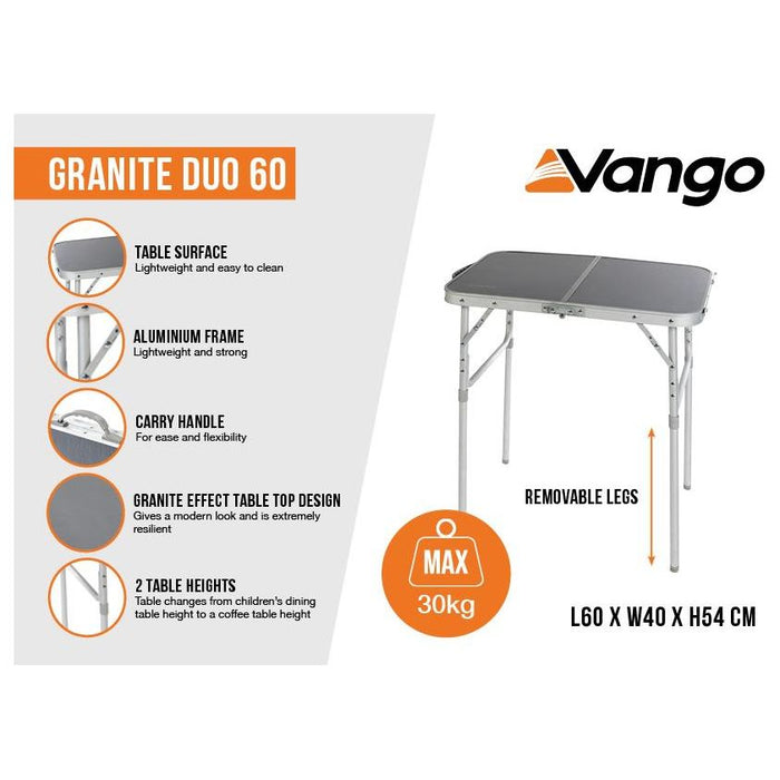 Vango Granite Duo 60 Aluminium Frame Table, Foldable Table with Adjustable Legs Vango - UK Camping And Leisure