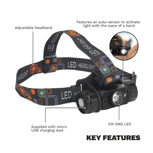 Sealey Rechargeable Head Torch 5W CREE XPG LED Auto Sensor HT108LED Sealey - UK Camping And Leisure