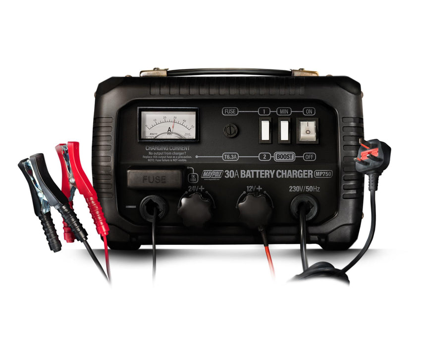 Maypole Heavy Duty Steel 30 Amp 12V/24V Car Van Tractor Battery Charger Mp750
