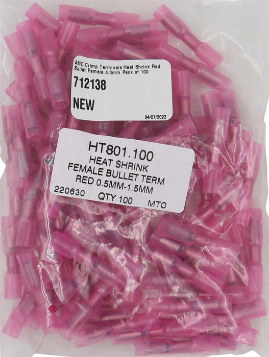 AMC Red Heat Shrink Female Bullet Terminal (4.0mm / 100 Pack) AMC - UK Camping And Leisure