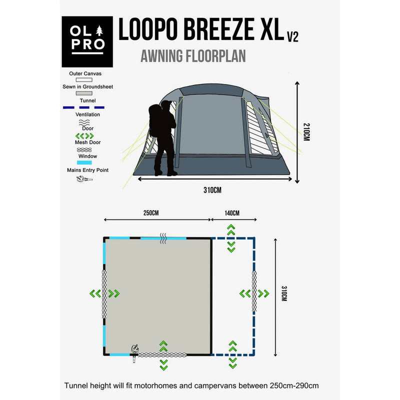 Olpro Loopo Breeze V2 Tall Tunnel Awning 250-290cm Grey