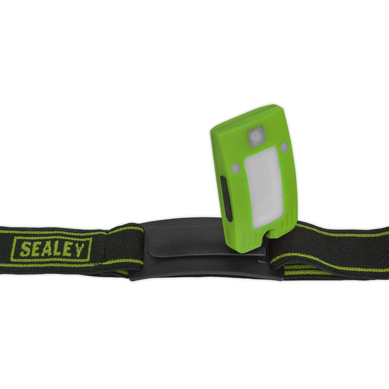 2W COB LED Rechargeable Head Torch Auto Sensor Cycling Front Rear Light Green Sealey - UK Camping And Leisure