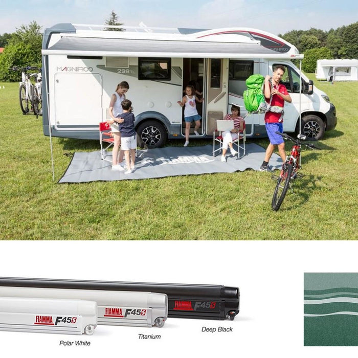 Fiamma Polar White F45S 450 Awning Evergreen Fabric (06280G01E) Winch Handle Wall Mounted Fiamma - UK Camping And Leisure