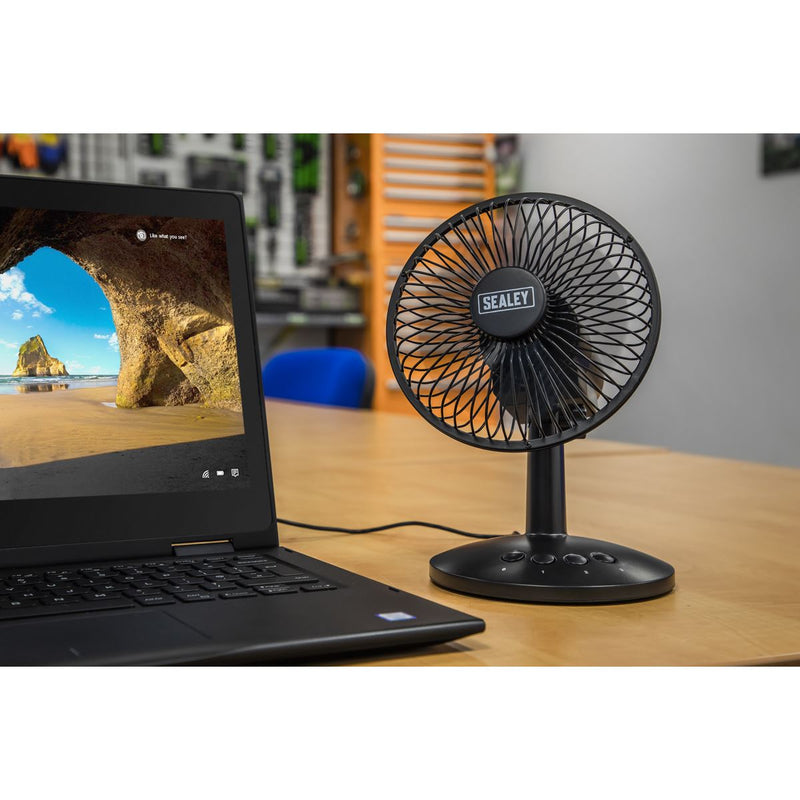 Sealey 150mm 6" 3 Speed Oscillating Desk Fan Home Office Portable USB or Battery Sealey - UK Camping And Leisure