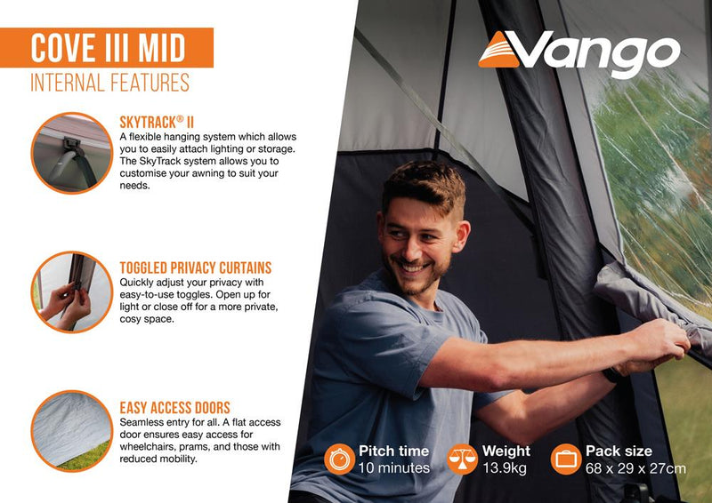 Vango Cove III Mid Smoke Drive Away Awning (215-255) | poled, waterproof, sewn-in groundsheet, lightweight