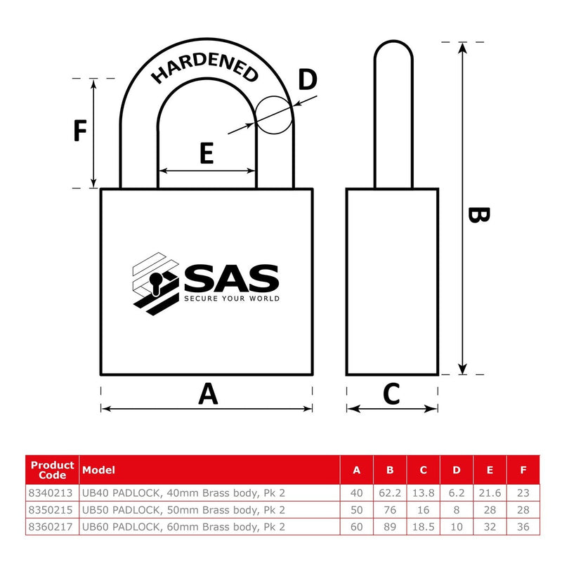 SAS Security Products SAS SAS UB50 Padlock, 50mm Brass Body, pack of 2 - Image 4 of 4 | UK Camping and Leisure