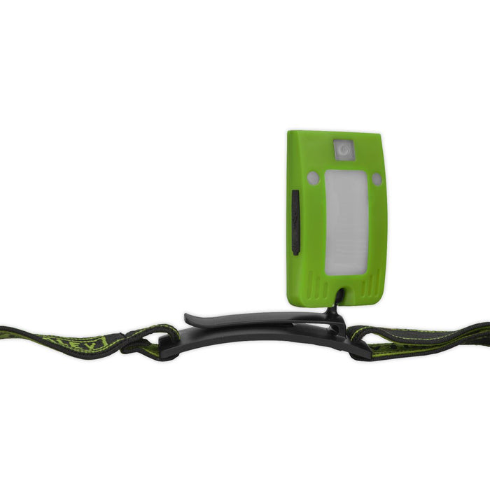 2W COB LED Rechargeable Head Torch Auto Sensor Cycling Front Rear Light Green Sealey - UK Camping And Leisure