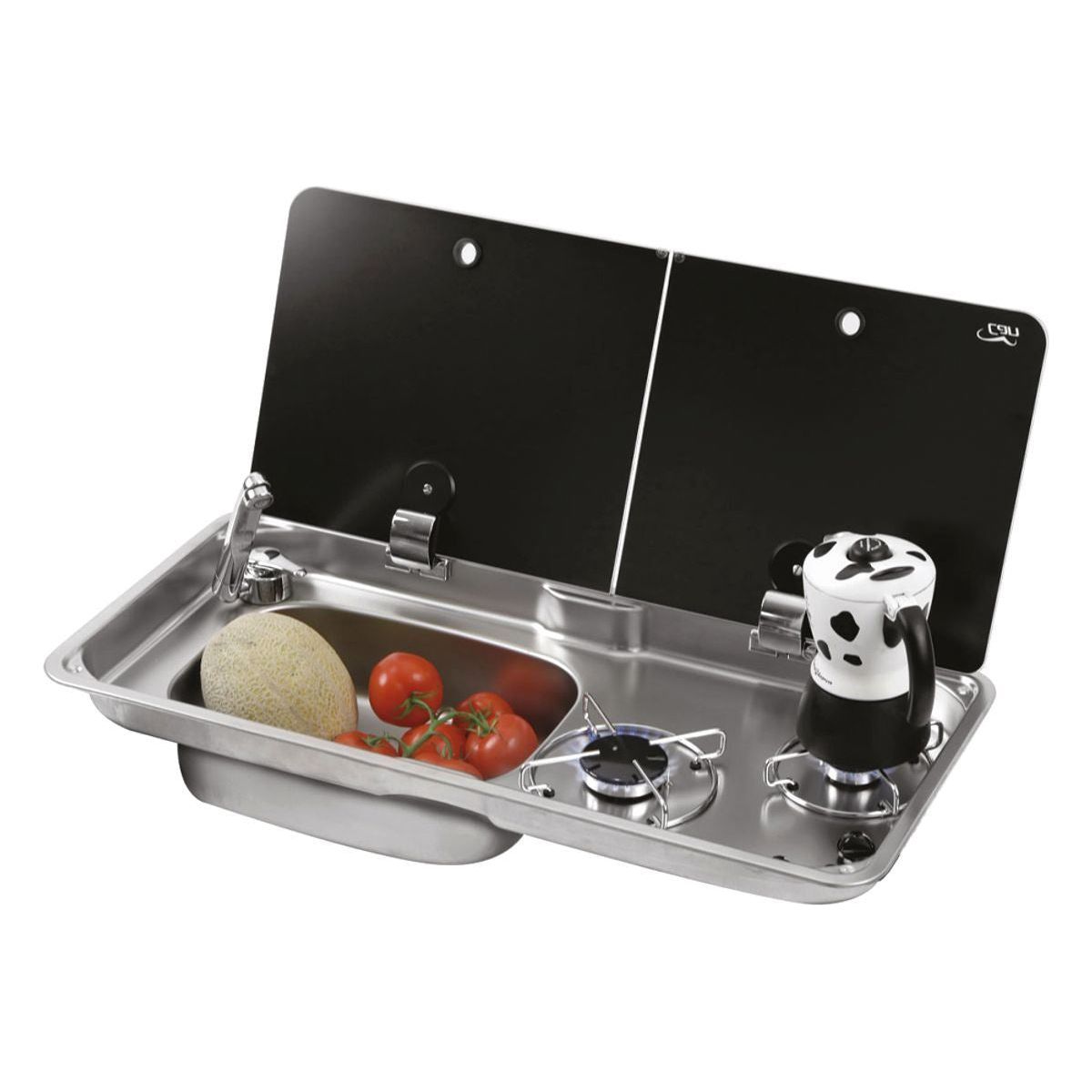 CAN Randi Hob & LH Sink Unit 765 x 355mm (Double Glass Lid / 2 Burners / Piezo) CAN - UK Camping And Leisure