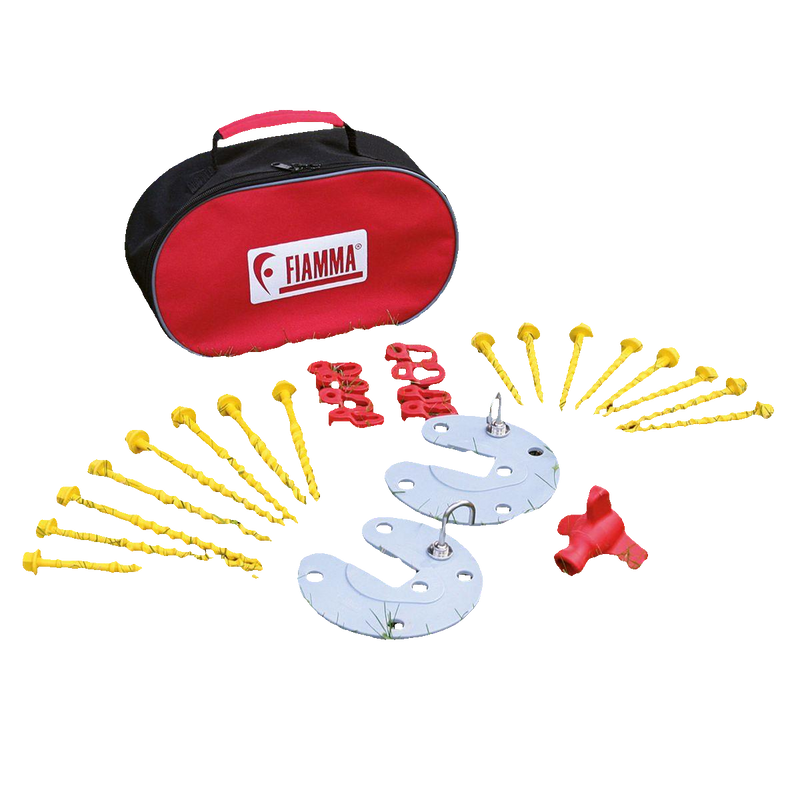 Fiamma Awning Pegs + Plate Foot Kit Camping Caravan Motorhome Ground + Bag KIT - Main Product Image | Awnings & Accessories > Awning Accessories > Awning Pegs | UK Camping and Leisure