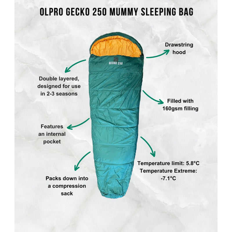 Olpro Geko 250 Mummy Sleeping Bag Olpro - UK Camping And Leisure