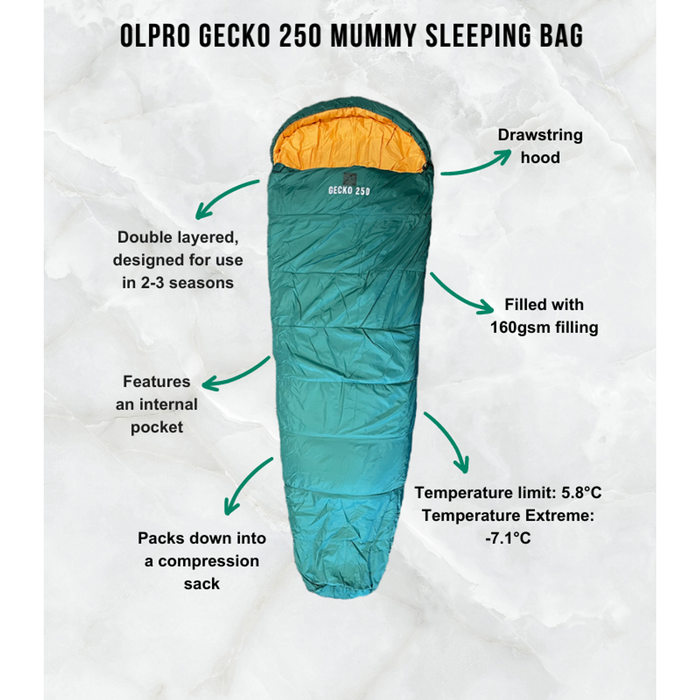 Olpro Geko 250 Mummy Sleeping Bag Olpro - UK Camping And Leisure