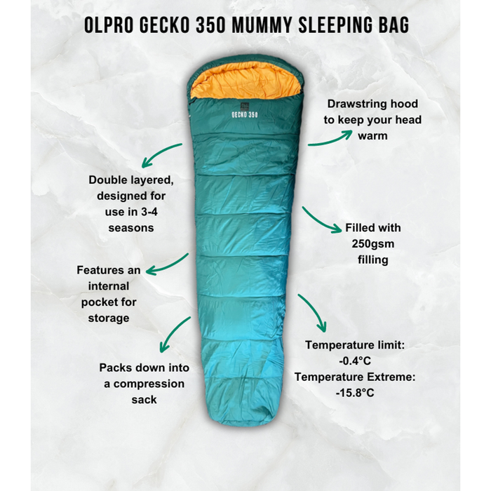 Olpro Geko 350 Mummy Sleeping Bag Olpro - UK Camping And Leisure