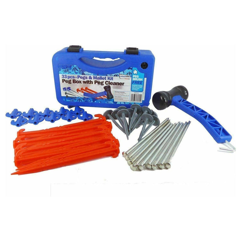 Heavy Duty Camping Awning Tent Travel Pegs+Mallet Set Peg Cleaner Storage Case Leisurewize - UK Camping And Leisure