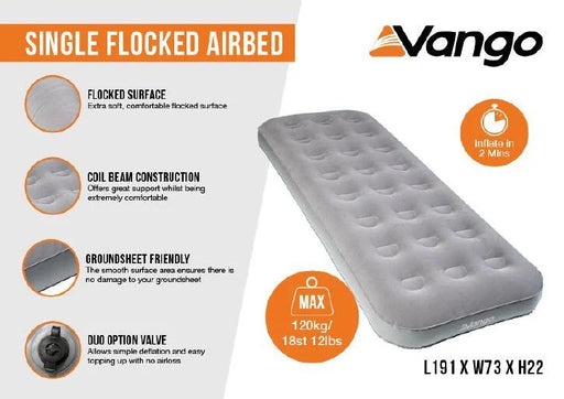 Vango Single Flocked Airbed Single Nocturne Grey | lightweight, compact pack, inflatable