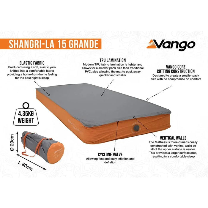 Vango Shangri-La II 15 Grande 15 Grande Cloud Grey / Orange Self Inflating Sleep Mat Vango - UK Camping And Leisure