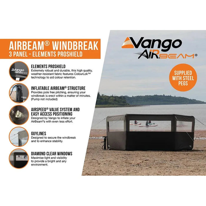 Vango AirBeam Windbreak - 3 Panel - Elements ProShield Shadow Grey Vango - UK Camping And Leisure