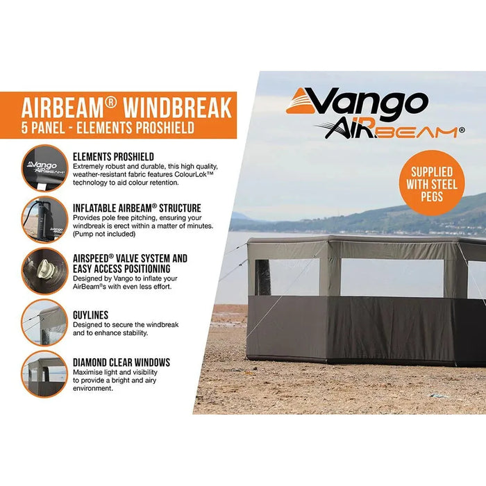 Vango AirBeam Windbreak - 5 Panel - Elements ProShield Shadow Grey Vango - UK Camping And Leisure