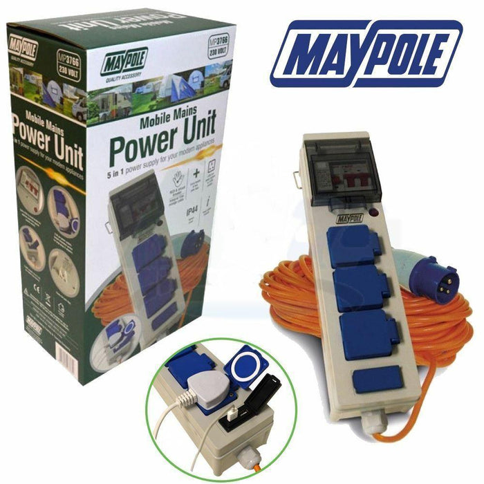 Maypole 15M MP3766 Triple Mains Hookup Mobile Power Unit 230V 13A With USB Ports Maypole - UK Camping And Leisure