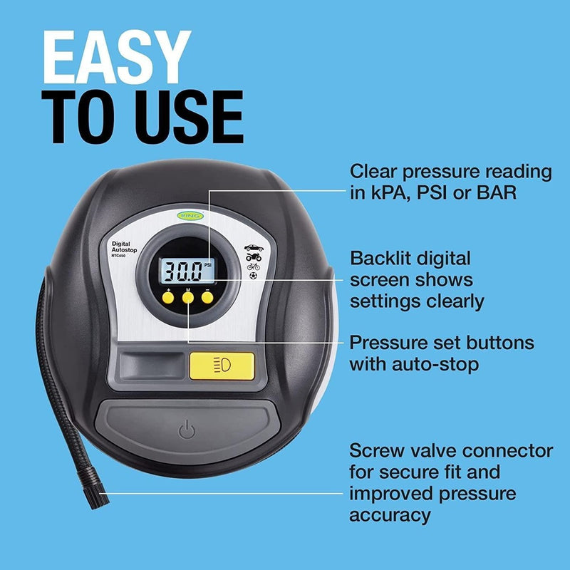 RTC450 Ring Digital Tyre Inflator Air Compressor Wheel Car Pump 12v Auto Stop Ring Automotive - UK Camping And Leisure