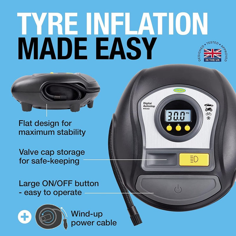 RTC450 Ring Digital Tyre Inflator Air Compressor Wheel Car Pump 12v Auto Stop Ring Automotive - UK Camping And Leisure