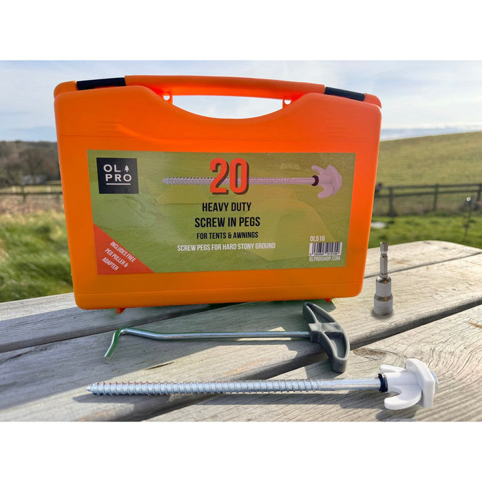 Olpro Screw in Hard Ground Rock Pegs Peg With 20pcs Adaptor and Peg Puller Olpro - UK Camping And Leisure