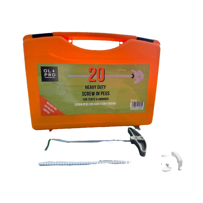 Olpro Screw in Hard Ground Rock Pegs Peg With 20pcs Adaptor and Peg Puller - Main Product Image | Tents > Tent Accessories > Tent Pegs | UK Camping and Leisure