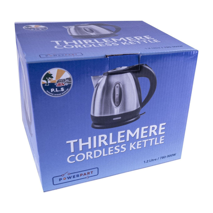 Silver Chrome Low Power 1.2L 750W Cordless Kettle Powerpart - UK Camping And Leisure