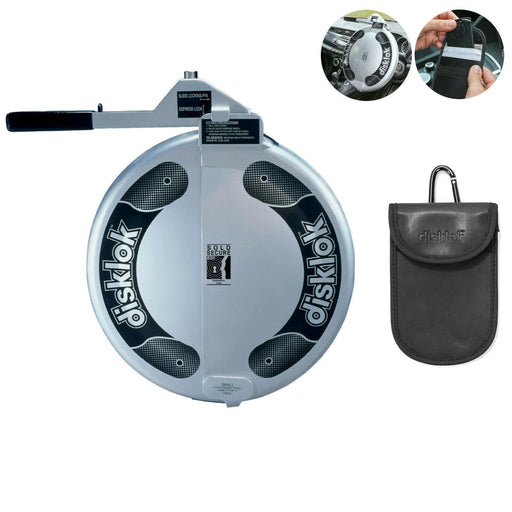 Small Silver Disklok Steering Wheel Security Anti Theft Clamp + Small Rfid Pouch UK Camping And Leisure