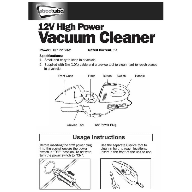 SWCV5 12v Plug In Car Caravan High Power Portable Handheld Vacuum Cleaner Streetwize - UK Camping And Leisure