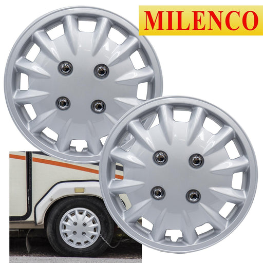 Milenco Silver Wheel Trims Hub Caps 337S 13" Bailey Type Caravan Pair Motorhome - UK Camping And Leisure