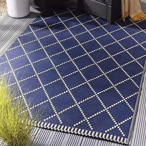Outdoor Garden Rug Portable Reversible Mat for Decking Patio Navy/Cream Rug 150 X 250 cm Plastic Straw - UK Camping And Leisure