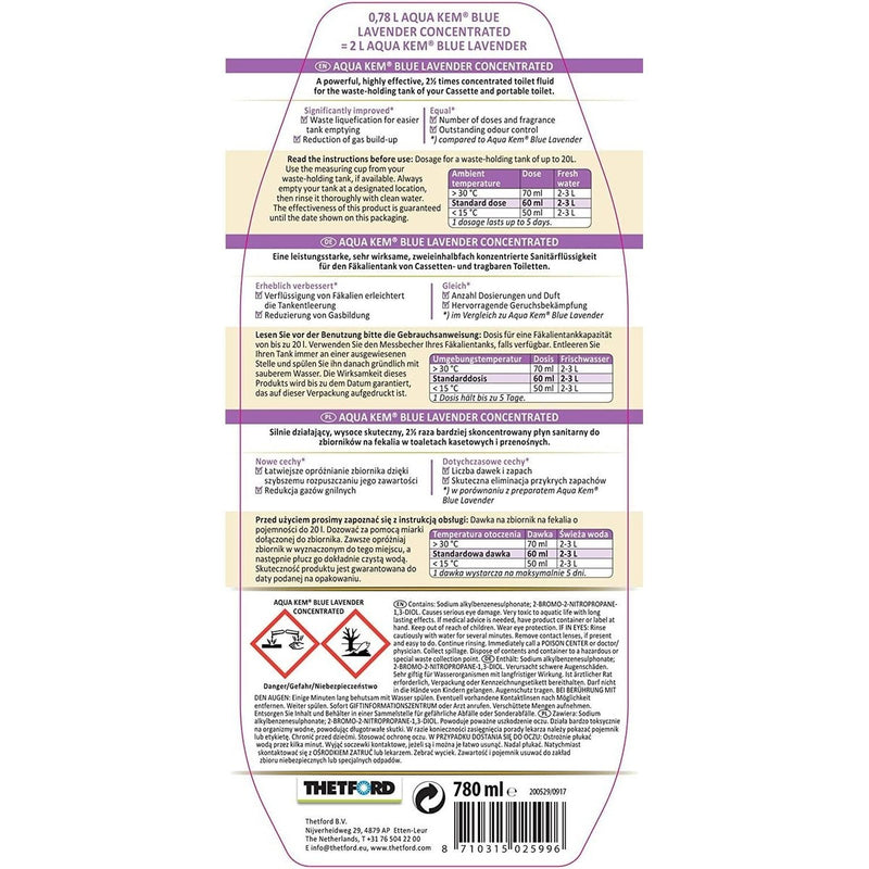 Thetford Aqua Kem Blue Lavender 780Ml Concentrate Toilet Cassette Fluid Thetford - UK Camping And Leisure